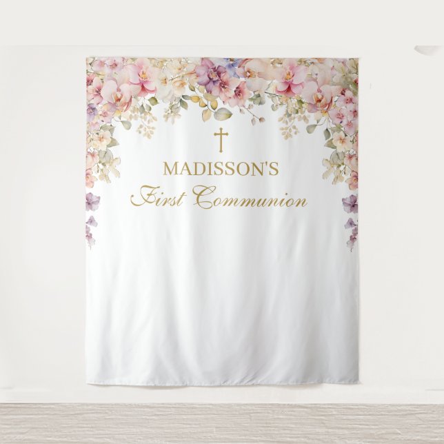 Orchid Floral First Communion Backdrop Wandteppich (Vorderseite)