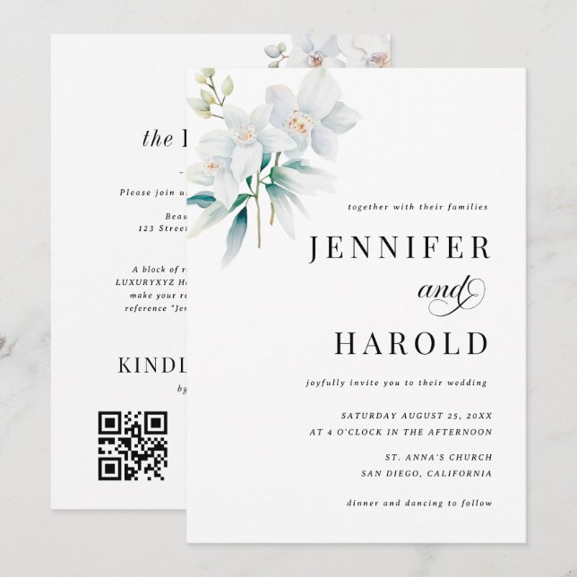 Orchid Floral Minimal Plain All in One Wedding Einladung (Vorne/Hinten)