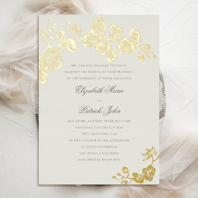 Orchid Formal Classic Heirloom Ecru Art Wedding Folieneinladung (orchid wedding invitation formal modern classic traditional black tie parents host gold foil ecru)