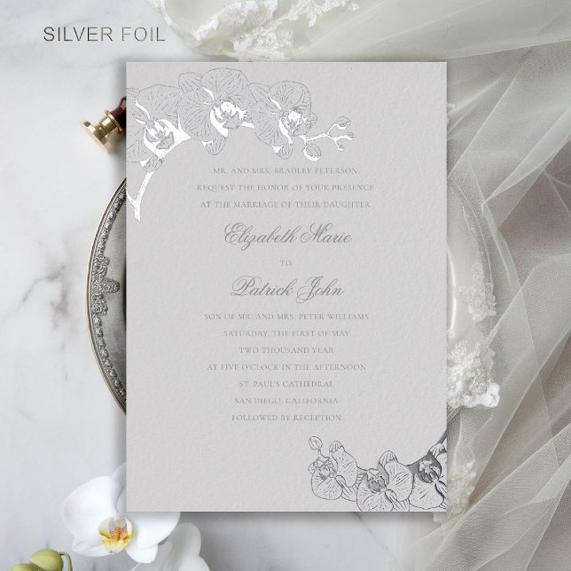 Orchid Heirloom Ivory Classic feierliche Hochzeit Folieneinladung (orchid wedding invitation formal traditional classic parents ivory faux embossed art sketch silver)