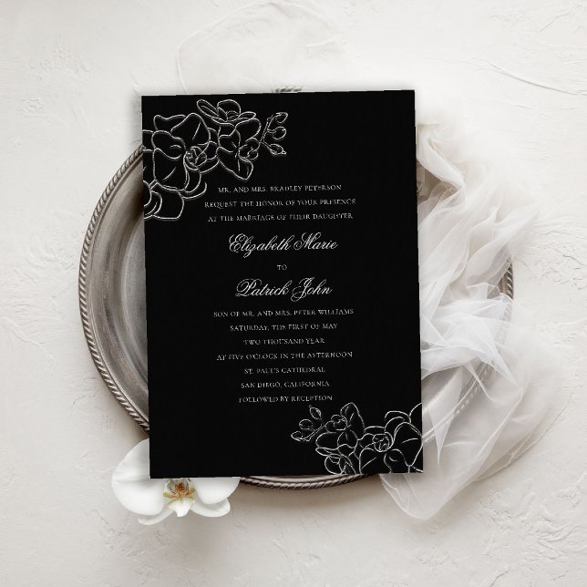 Orchid Heirloom Schwarz-weiß formale klassische Ho Einladung (orchid wedding invitation black white formal traditional parents hosting calligraphy modern classic)