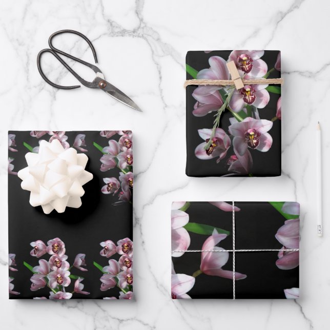 Orchid Insanity auf schwarz Geschenkpapier Set (Vorderseite)