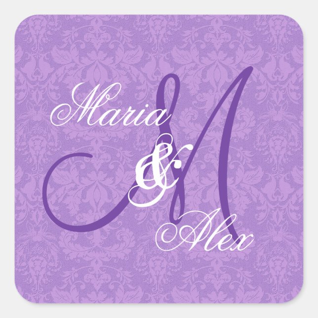 Orchid Lila Damask Wedding Monogram S530A Quadratischer Aufkleber (Vorderseite)
