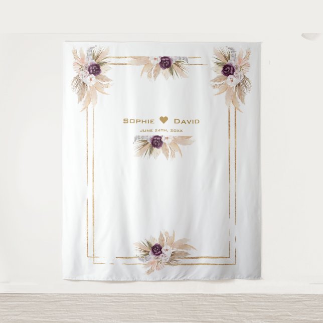 Orchid Lila Floral Pampas Grass Foto Hochzeit Wandteppich (Vorderseite)