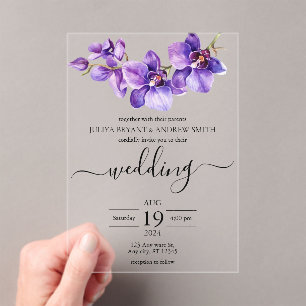 Orchid lila und weiße Script Hochzeit Acryleinladungen