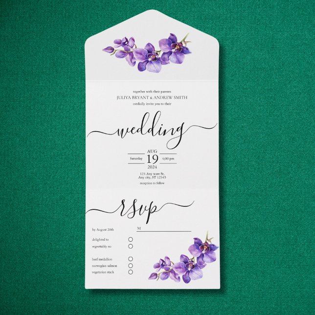 Orchid lila und weiße Script Hochzeit All In One Einladung (Von Creator hochgeladen)