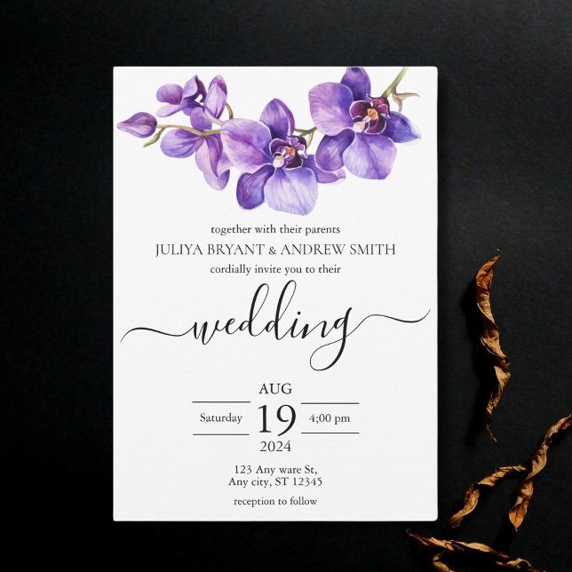 Orchid lila und weiße Script Hochzeit Einladung (Von Creator hochgeladen)