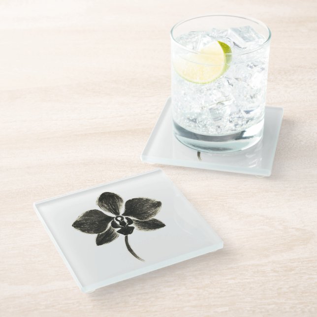 Orchid Line Drawing – Ink Floral Design on Glasuntersetzer (Schrägansicht)