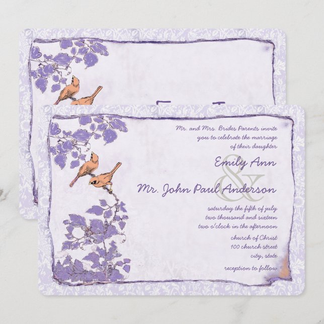 Orchid Love Bird Damask Wedite Einladung (Vorne/Hinten)