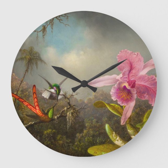 Orchid mit zwei Hummingbirds Heade Große Wanduhr (Vorderseite)