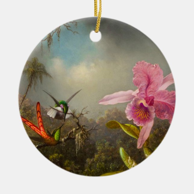 Orchid mit zwei Hummingbirds Heade Keramik Ornament (Vorne)