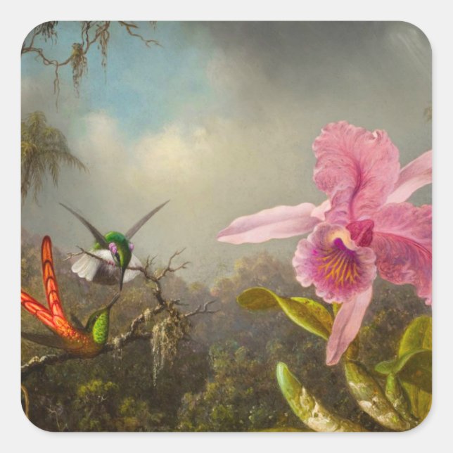 Orchid mit zwei Hummingbirds Heade Quadratischer Aufkleber (Vorderseite)