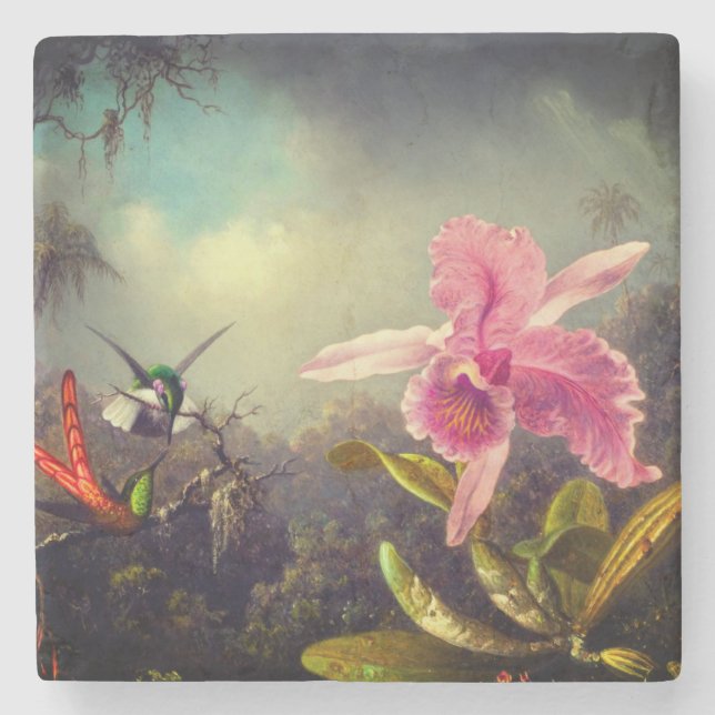 Orchid mit zwei Hummingbirds Heade Steinuntersetzer (Vorderseite)