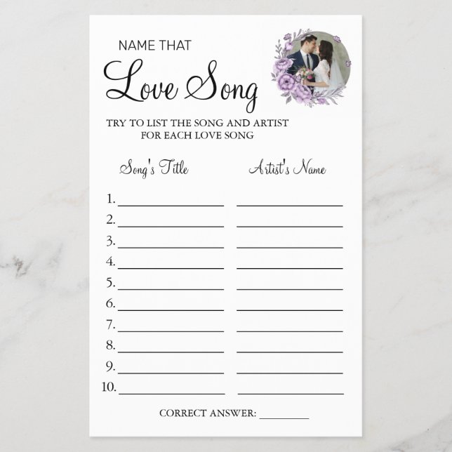 Orchid Name that love song shower game card Flyer (Vorne)