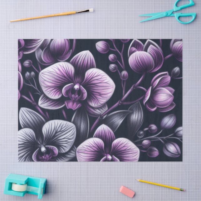Orchid Orchids Floral Black Lila Moody Decoupage Seidenpapier (Basteln)