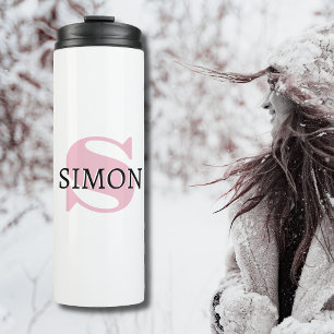 Orchid Pink Initial und Black Name Modern Thermosbecher