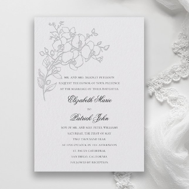 Orchid Sketch Formal Traditional Ivory Wedding Einladung (orchid wedding invitation ivory veil formal modern classic traditional black tie parents hosting)