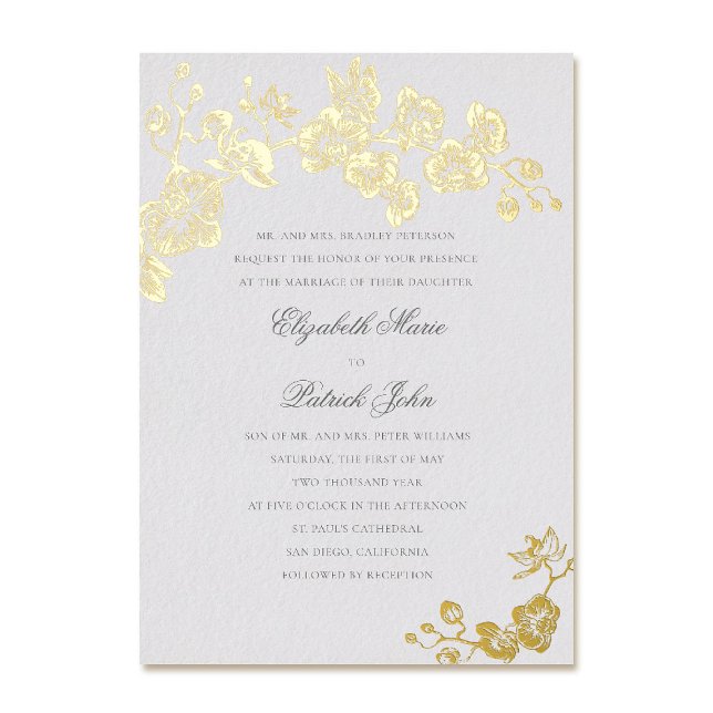 Orchid Vows Elfenbein Formal Classic Heirloom Hoch Folieneinladung (orchid wedding invitation formal modern classic traditional black tie parents host gold foil ivory)