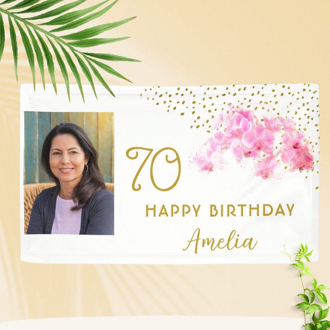 Orchid Watercolor Gold Glitter 70th Birthday Photo Banner (Von Creator hochgeladen)