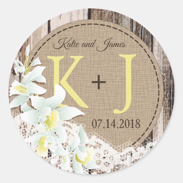 Orchid Wood Lace Rustic Monogram Wedding Label Runder Aufkleber (Vorderseite)
