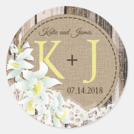 Orchid Wood Lace Rustic Monogram Wedding Label Runder Aufkleber