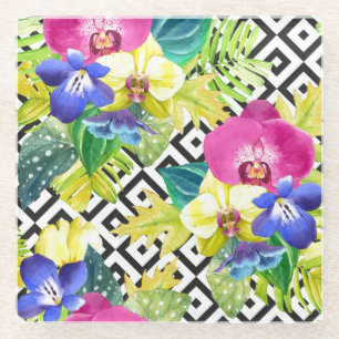 Orchidee Begonie und Palmwedel Glasuntersetzer