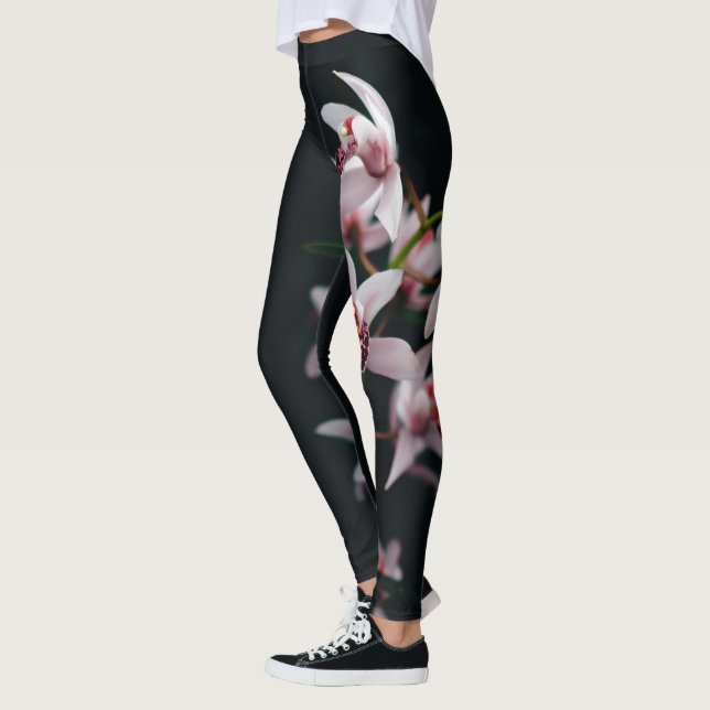 Orchidee Blume Schwarzer Hintergrund Leggings (Links)