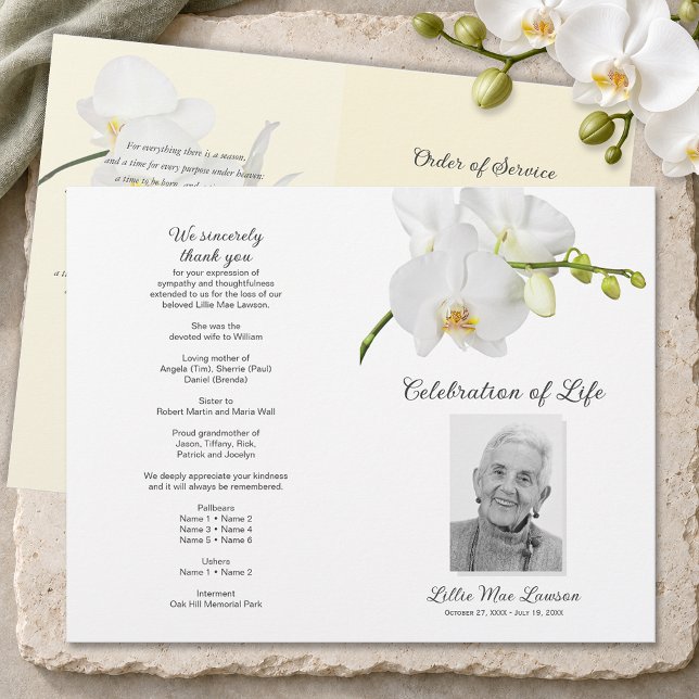 Orchideen-Beerdigungsprogramm - Feier des Lebens Flyer (Orchid Celebration of Life Program - 8.5" x 11", 80 lb paper, you need to fold in half when received)