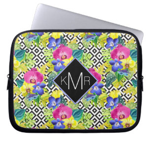 Orchideen-Begonie und Monogramm der Palmblatt- Laptopschutzhülle