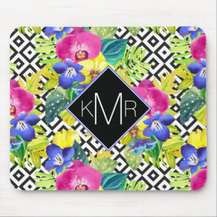 Orchideen-Begonie und Monogramm der Palmblatt- Mousepad