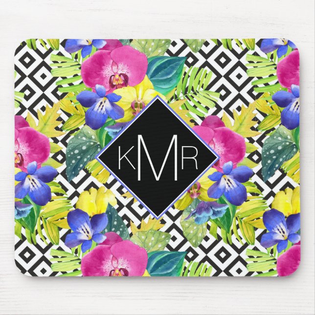Orchideen-Begonie und Monogramm der Palmblatt-| Mousepad (Vorne)