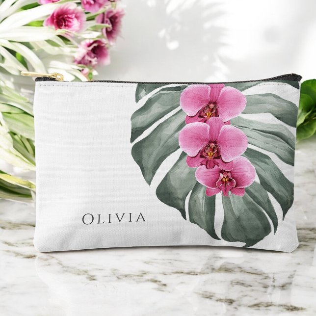 Orchideen in der Region Monstera Tropical Floral Zubehörtasche (Personalize with your name.)