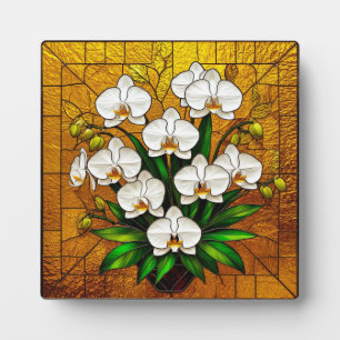 Orchideen in einem Bleiglas-Kunstwerk mit Gold Fotoplatte