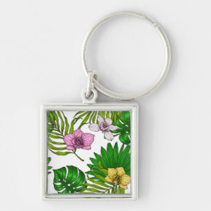 Orchideen und Blätter aus Palmen, rosa, gelb, grün Schlüsselanhänger