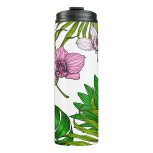 Orchideen und Blätter aus Palmen, rosa, gelb, grün Thermosbecher