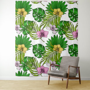 Orchideen und Blätter aus Palmen, rosa, gelb, grün Wandteppich