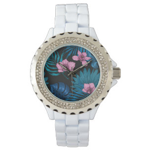 Orchideen und Blätter aus Palmen, rosa und blau au Armbanduhr