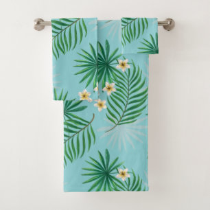Orchideen und Blätter aus Palmen, rosa und blau au Badhandtuch Set