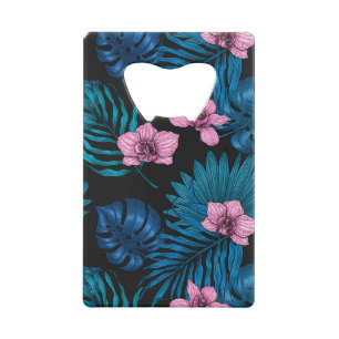 Orchideen und Blätter aus Palmen, rosa und blau au Geldbeutel Flaschenöffner