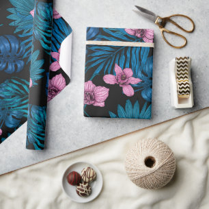 Orchideen und Blätter aus Palmen, rosa und blau au Geschenkpapier