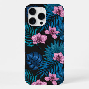 Orchideen und Blätter aus Palmen, rosa und blau au iPhone 16 Pro Max Hülle