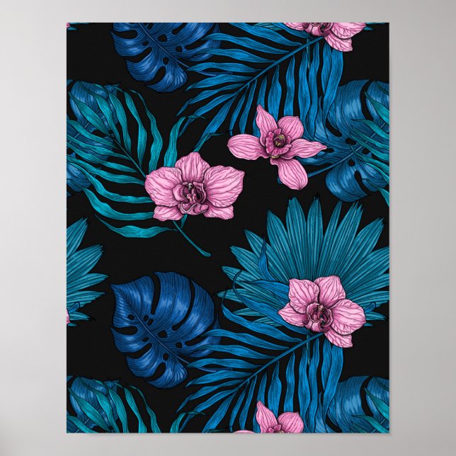 Orchideen und Blätter aus Palmen, rosa und blau au Poster (Vorne)