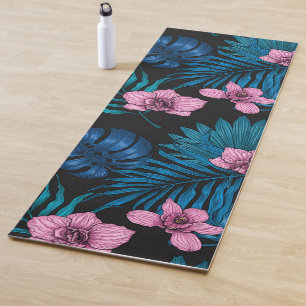 Orchideen und Blätter aus Palmen, rosa und blau au Yogamatte