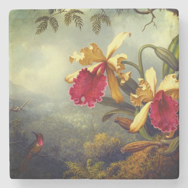 Orchideen und Hummingbird Heade Steinuntersetzer (Vorderseite)