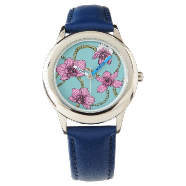 Orchideen und Ketten, rosa und blau Armbanduhr (Vorderseite)