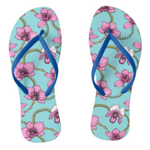 Orchideen und Ketten, rosa und blau Flip Flops
