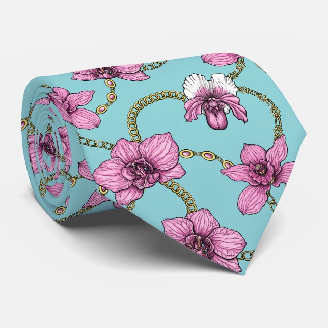 Orchideen und Ketten, rosa und blau Krawatte (Gerollt)