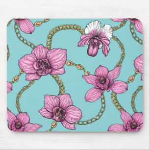 Orchideen und Ketten, rosa und blau Mousepad