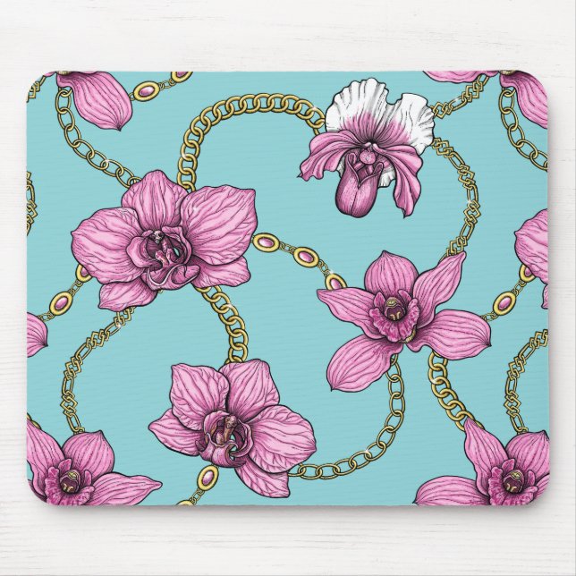 Orchideen und Ketten, rosa und blau Mousepad (Vorne)