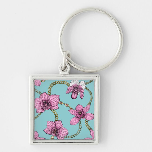 Orchideen und Ketten, rosa und blau Schlüsselanhänger (Vorne)